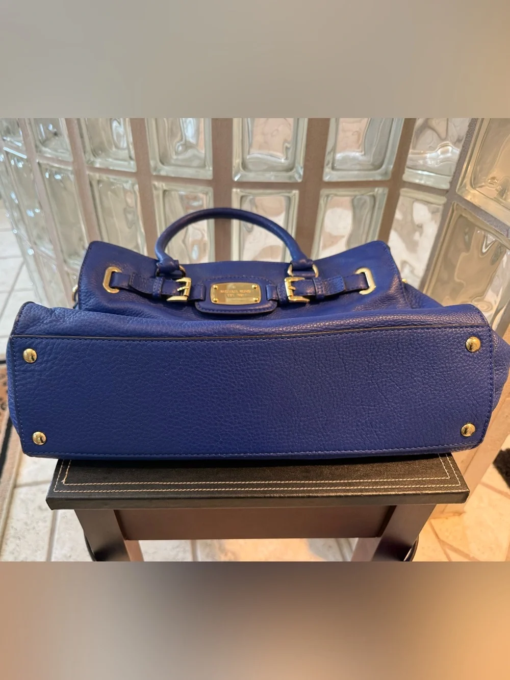 Michael Kors Cobalt Blue Large Hamilton Satchel, Crossbody Strap Gold Hardware.